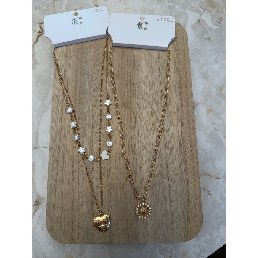 New! Gold Tone Layered Necklaces Star Heart Sunburst Charm Rhinestone Pearl